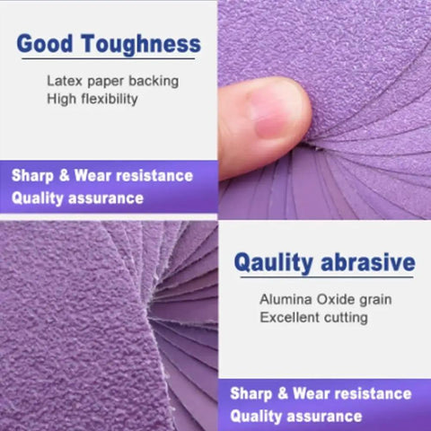 Get Ready For Some Serious Sanding With These 100 Piece 5 Inch Grit 80 To 600 Wet Dry Sanding Discs showing latex paper backing and aluminum oxide grain.