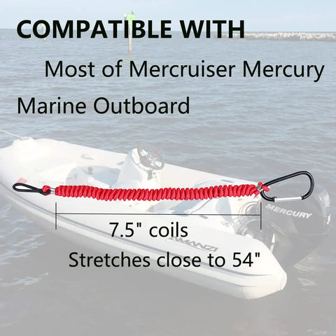 Replace Mercury Marine Kill Switch Lanyard With A 54 Inch Long Emergency Stop Safety Cord Aluminum Clip Red 7.5 Inch Coil Durable Marine Lanyard For Outboard Boats Easy To Sit Comfortably On The Dinghy displayed on a boat with text showing compatibility with Most of Mercruiser Mercury Marine Outboards