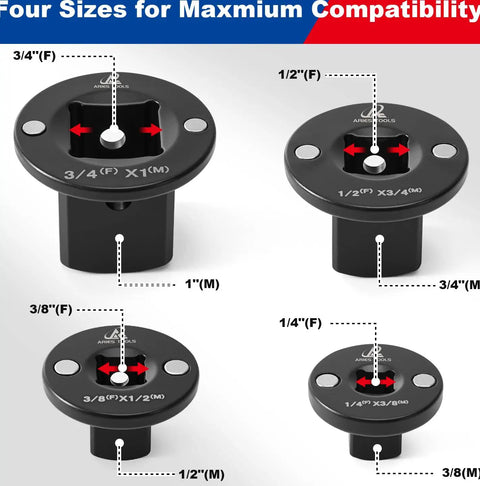 Four Different Low Profile Socket Adapters for Impact Wrenches and Electric Ratchets, Converts 3/8 to 1/2, 1/4 to 3/8, 3/4 to 1, and 1/2 to 3/4 Inch