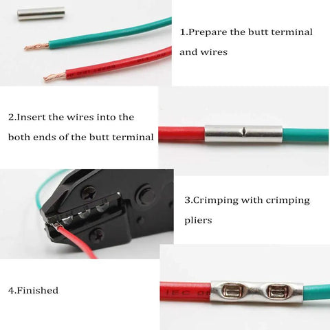 Uninsulated Butt Connectors 100 Pcs Set AWG 14 12 Tin Copper Ferrule Terminals installation guide showing wire steps