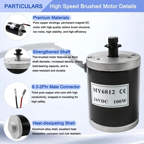 24V 100W Brushed DC Scooter Motor With 9 Tooth Sprocket Kit For Electric Scooters Delivers 2700 RPM And 0.35 Nm Torque Instant Rotation Recovery Snappy Power Smooth Ride Easy Plug And Play Install, black motor with aluminum shell and 8mm shaft