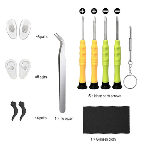 Eyeglasses Repair Kit With Precision Screwdrivers Magnetic Tweezers Replacement Nose Pads And Screws Cleaning Cloth And Multi Tool