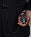 Person holding Skeleton Pocket Watch With Mechanical Movement And Double Cover Roman Numeral Dial Standable Half Hunter Photo Insert Vintage Smart Style For Men And Women Box And Chain Included