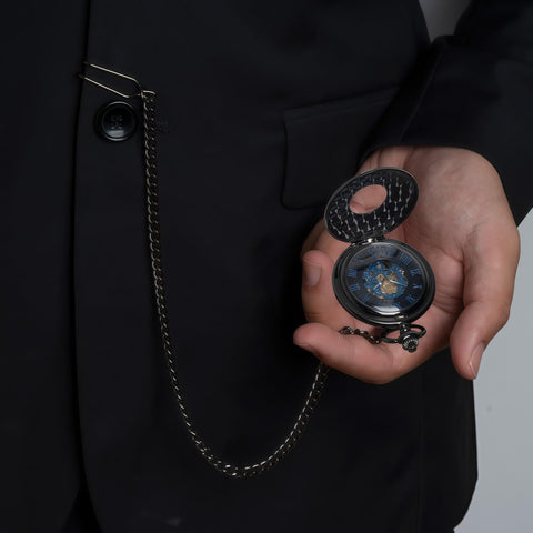 Person holding Skeleton Pocket Watch With Mechanical Movement And Double Cover Roman Numeral Dial Standable Half Hunter Photo Insert Vintage Smart Style For Men And Women Box And Chain Included