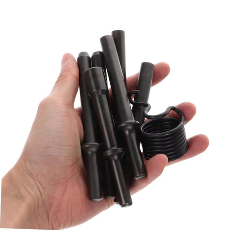 Heavy Duty Pneumatic Air Hammer Bit Kit With Smooth Chisels And Pin Punch Tools For Tight Auto Repair Tough Construction Jobs And Badass Metal Work Out The Box, black steel bits in hand