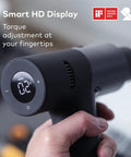 Close-up of hand holding Cordless Brushless Drill Kit 12V With LED Digital Display, showing display and settings adjustments.