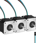 Front view of three NEMA 17 stepper motors with silver front plates, black housings, exposed shafts, and four-wire cables.