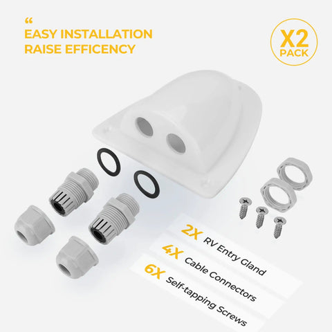 Two Pack White Solar Double Cable Entry Gland Box For RV Roofs Boats And Yachts Waterproof ABS Housing Fits 14 AWG To 10 AWG Cables All Cable Types And Roof Mount Ready, showing two white ABS entry boxes with connectors, seals, and screws.