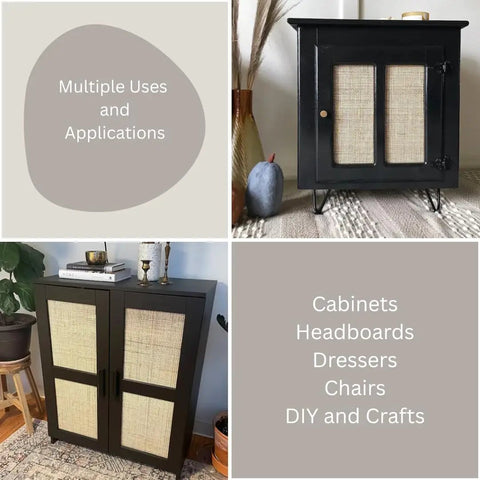 Top Shelf Natural Radio Weave Rattan Cane Webbing Roll 24 By 84 Inches used in cabinets and furniture for DIY projects.