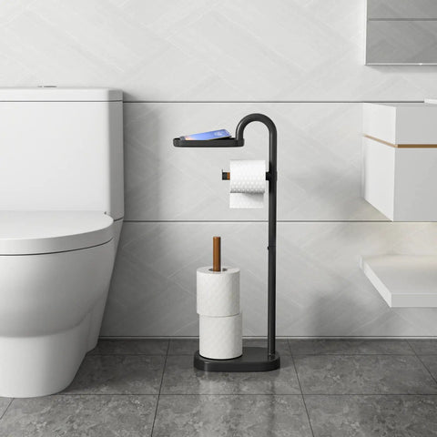 Freestanding Toilet Paper Holder With Acacia Wood Shelves And Black Steel Stand displayed in modern bathroom