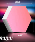 Pink hexagon panel detail from Remote Control Hexagon Wall Light Kit Smart Wall Mounted Touch Sensitive Geometric Modular RGB LED Panels DIY Colorful Light System With USB Power Includes 10 Pack For Bedroom Vibes; dimensions labeled, 3.38 x 2.93 x 1.69 inches.