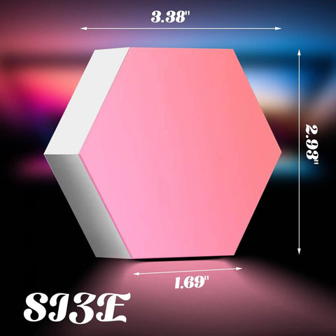 Pink hexagon panel detail from Remote Control Hexagon Wall Light Kit Smart Wall Mounted Touch Sensitive Geometric Modular RGB LED Panels DIY Colorful Light System With USB Power Includes 10 Pack For Bedroom Vibes; dimensions labeled, 3.38 x 2.93 x 1.69 inches.