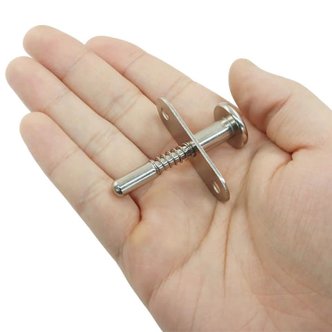 Heavy Duty Stainless Steel Loaded Spring Latch 6.5 By 50 Mm 2 Piece Pack For Cabinets And Doors in a hand, showcasing size and detail.