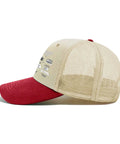 Side view of Funny Spare Time RV Camper Trucker Hat For Dad Running Cap with red brim and mesh back. Perfect for travel.