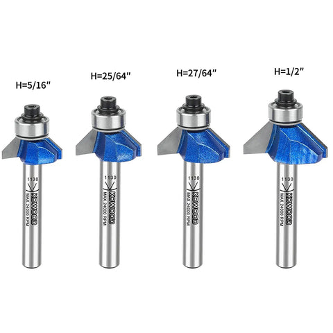 Pro Grade 45 Degree Chamfer Router Bit Set With One Quarter Inch Shank, Cutting Diameters One Quarter, Five Sixteenths, Three Eighths, And Half Inch For Angled Edges, Clean Edges, And Decorative Woodworking