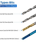 End mill set with four 1/8-inch shank CNC router bits (ball nose and flat nose); titanium and nano blue coatings.