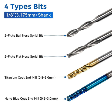 End mill set with four 1/8-inch shank CNC router bits (ball nose and flat nose); titanium and nano blue coatings.