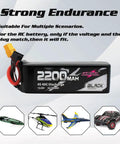 Beefy 2200mAh 4S LiPo Battery 40C 14.8V XT60 with RC models images, showing strong endurance features.