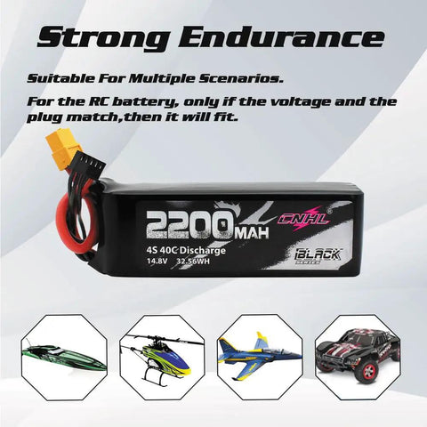 Beefy 2200mAh 4S LiPo Battery 40C 14.8V XT60 with RC models images, showing strong endurance features.