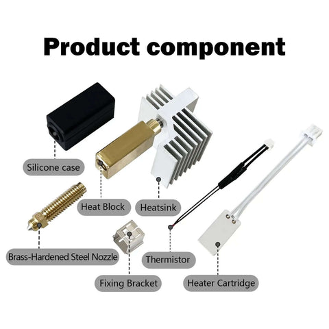0.4mm Ceramic Hotend Upgrade components for Elegoo Centauri Carbon Printer, includes brass-hardened steel nozzle, heat block, and thermistor.