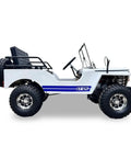 Side view of 125cc Go Kart With 3 Speed Manual Transmission, Two Seats, Electric And Kick Start in white blue for teens and adults.