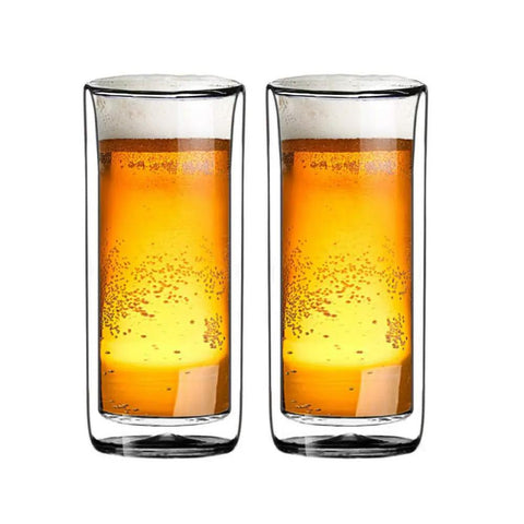 Heavy Duty Double Wall Insulated Borosilicate Glass Tumblers Set Of 2 20 Oz Highball Cups for beer with golden liquid.