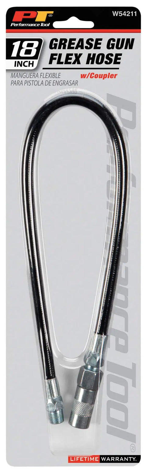 18 Inch Flex Grease Gun Hose Extension With Coupler for Hand and Air Powered Guns, blister packaging view