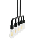 Exposed Bulb Five Light Linear Chandelier In Matte Black Metal, Industrial style hanging fixture with 12 inch rods, side view
