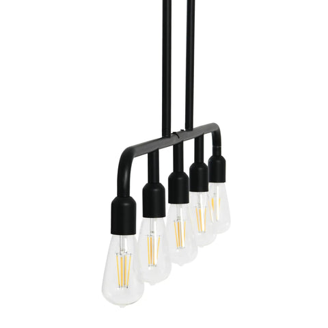 Exposed Bulb Five Light Linear Chandelier In Matte Black Metal, Industrial style hanging fixture with 12 inch rods, side view