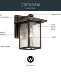 Capanna 1-Light Outdoor Wall Light in Olde Bronze with Clear Water Glass, exterior sconce, labeled parts, wet rated
