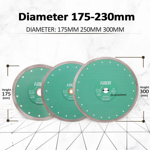 Diamond Porcelain Tile Saw Blade 10 Inch 250mm Dry Or Wet Cutting Disc With X Teeth Turbo Mesh Rim displayed in different sizes.