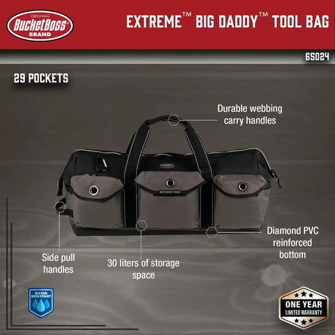 Extreme Big Daddy Tool Bag In Gray With 25 Pockets, Diamond PVC Bottom, heavy-duty handles shown front view