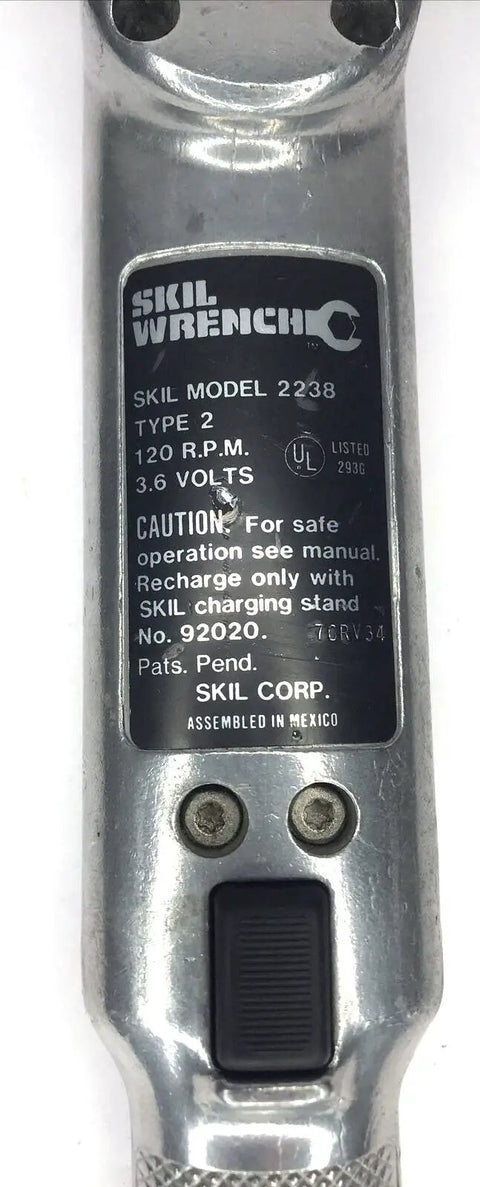 SKIL Model 2238 electric wrench showing detailed specifications including volts and RPM, compatible with Tough As Nails Electric Wrench Battery Replacement For Model 2238.