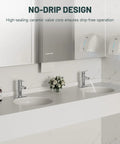 Modern bathroom with dual chrome one hole bathroom faucet with single lever handle, deck mount lavatory sink faucet setup