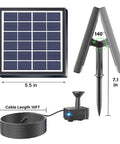 Solar Powered Bird Bath Fountain Pump With USB Charging Plug And Play Direct Sun Operation showing components and dimensions
