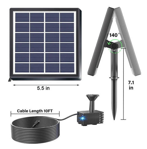 Solar Powered Bird Bath Fountain Pump With USB Charging Plug And Play Direct Sun Operation showing components and dimensions