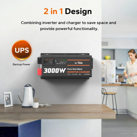 Zero Fuss Heavy Duty 3000W Pure Sine Wave Inverter Charger With 9000W Surge mounted on a wall in a modern kitchen.