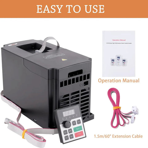 Beast Of A Seven Point Five Kilowatt Ten Horsepower 380V VFD Inverter For Single Phase To Three Phase Motors, 0 To 2000 Hz Output, One Phase Or Three Phase Input, Low Noise Operation, Low EMI, PWM Control Tech, with manual and extension cable
