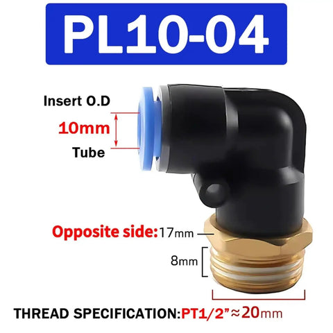 Close-up of 10mm quick-connect elbow from 100 Piece Pneumatic Air Connector Kit With 4 6 8 10 12 Millimeter Barbed Fittings And Quick Connect Elbows PL10-04