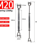 Heavy Duty M20 316 Stainless Steel Turnbuckle Cable Wire Rope Tensioner Tightener Hardware Grip It Tight shown with dimensions.