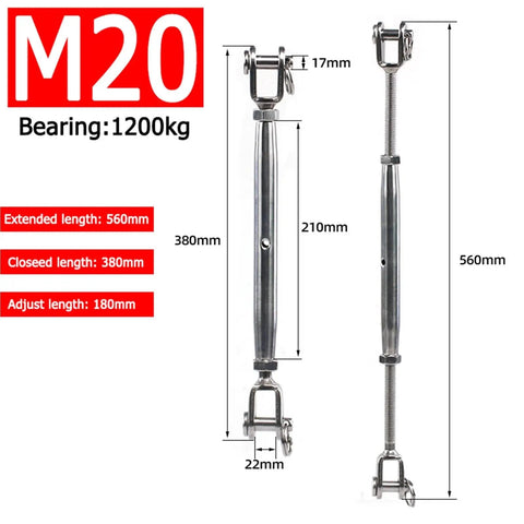 Heavy Duty M20 316 Stainless Steel Turnbuckle Cable Wire Rope Tensioner Tightener Hardware Grip It Tight shown with dimensions.