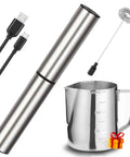 Rechargeable Milk And Coffee Frother Handheld Foam Maker For Lattes Cappuccinos Frappes And Hot Chocolate Barista Grade Foam Quick Electric Foam With Easy One Button Operation in stainless steel with charging cable and frothing pitcher