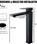 Dimensions of Single Handle Matte Black Tall Vessel Sink Faucet For Modern Vanity Basins With Drain Pop Up And Flexible Water Hoses Stainless Steel Bathroom Tap With Sleek Minimalist Vibe Model FRDC17914B displayed
