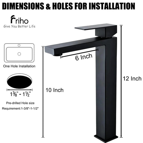 Dimensions of Single Handle Matte Black Tall Vessel Sink Faucet For Modern Vanity Basins With Drain Pop Up And Flexible Water Hoses Stainless Steel Bathroom Tap With Sleek Minimalist Vibe Model FRDC17914B displayed