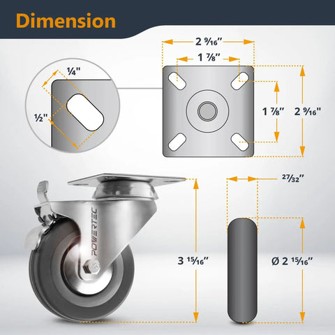 Diagram showing dimensions of 3 Inch Swivel Caster Wheels Set Of 4 With Dual Locking Brakes And Rubber Tread, Beefy Heavy Duty Plate Casters, 640 Lb Load Capacity, Great For Furniture, Carts, Dollies, And Workbenches.