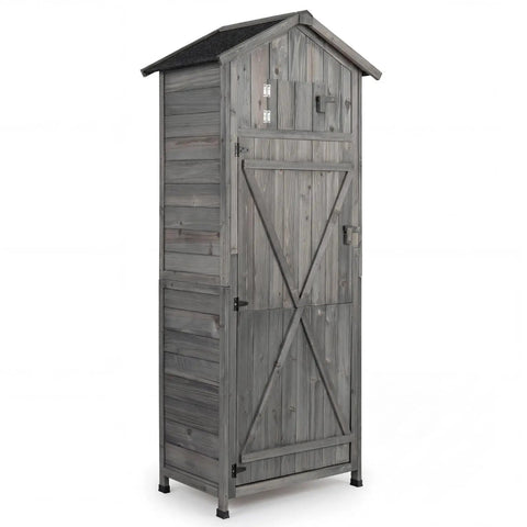Outdoor Wooden Storage Shed With Tall Vertical Tool Cabinet Folding Table And Removable Shelves For Your Patio Deck Backyard And Lawn Grey Finish 30x20x70 Inches