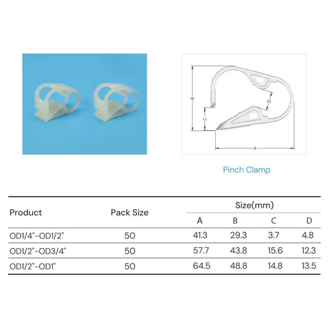 50 Pack Adjustable Flow Control Tube Clamps For One Quarter To One Half Inch Hoses, Reinforced Nylon PA Clamp diagram and dimensions