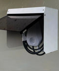 Rock Solid Outdoor EV Charger Enclosure Wall Box weatherproof cover with steel housing, protecting charging station from rain.