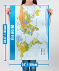 Person holding World Map Classroom Poster Extra Large 33 By 23 Point 5 Inches Laminated Geography Wall Chart showing dimensions.
