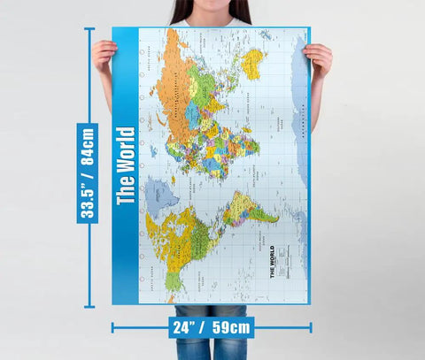 Person holding World Map Classroom Poster Extra Large 33 By 23 Point 5 Inches Laminated Geography Wall Chart showing dimensions.